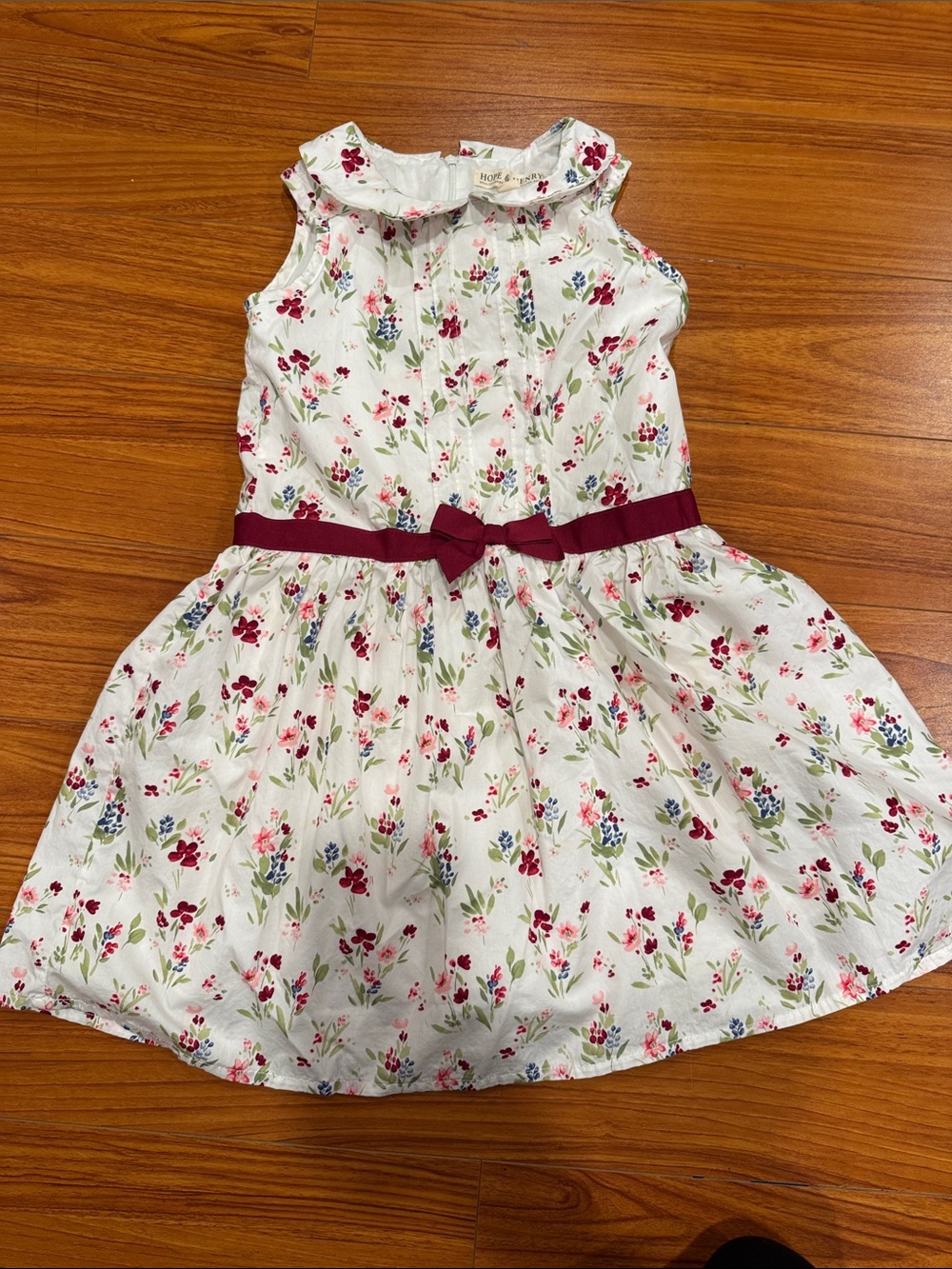 Hope and Henry girls' Floral White Dress with Burgundy Belt Summer Party Dress